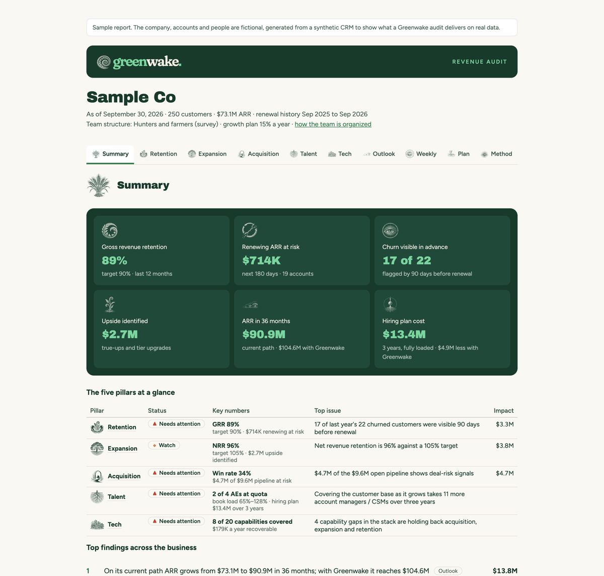 The summary page of a sample Greenwake Revenue Audit